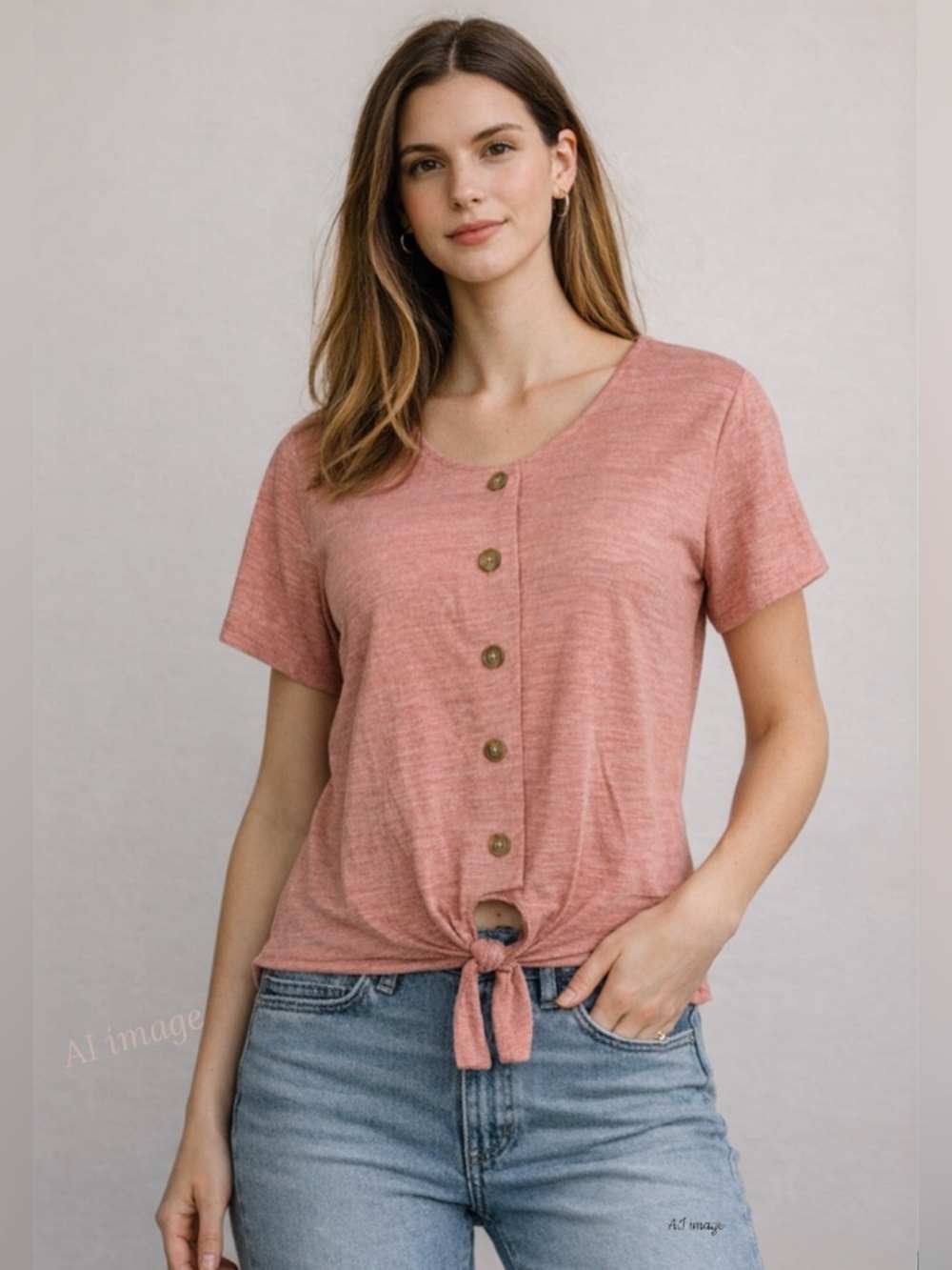 Weatherproof Vintage Pink Tie Front Button Top L